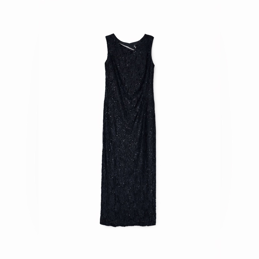 Connected Apparel Black Lace Sequin Ruched Maxi Evening Gown NWT Size 14